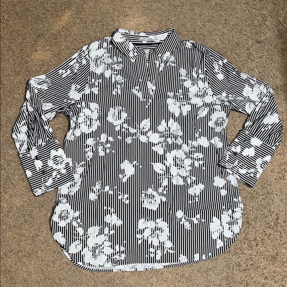 Chico's No-Iron Stretch Floral Striped Tunic 3/4 Sleeve Black White Large 12/14 - Picture 4 of 10